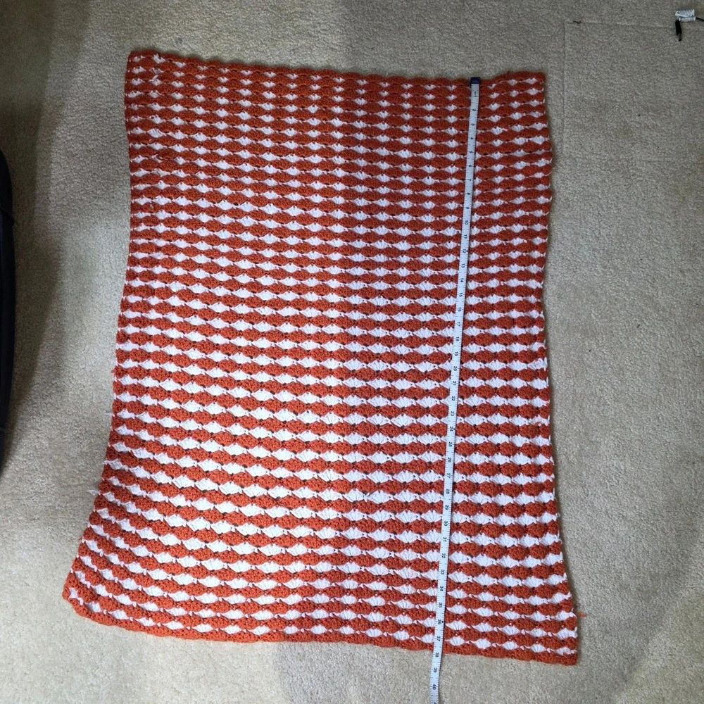 Handmade Crochet Shell Stitch Throw Blanket Burnt Orange White Striped 38x28